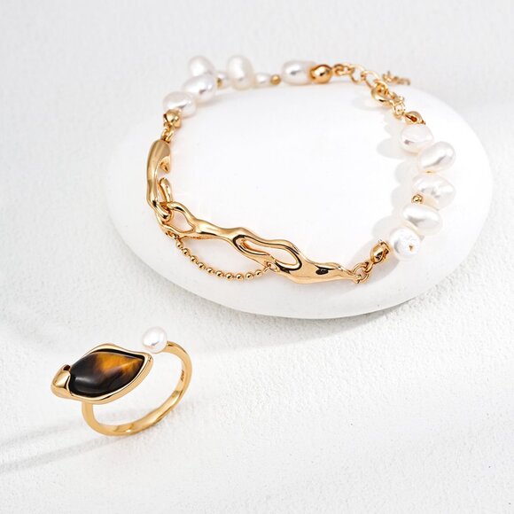 925 Gold Baroque Pearl Organic Link Bracelet - Picture 5 of 5